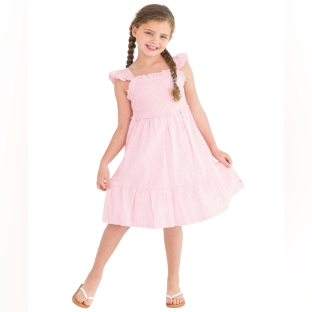 RuffleButts Pink Gingham Smocked Flutter Sleeve Cotton Dress Girls Size 7